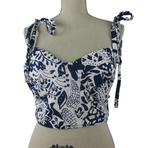 Eloquii Crop Top Tie Shoulder Floral Printed Blue & White Size 24 Summer Fun - Picture 4 of 10